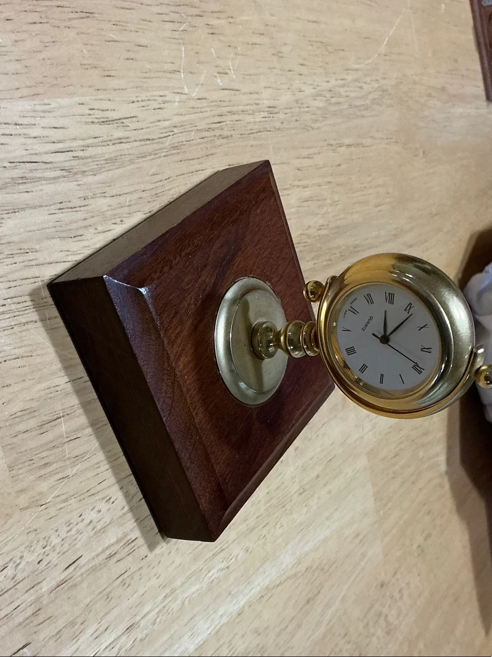 Brass and Wood Table Clock Wall Accent - Gold and Brown